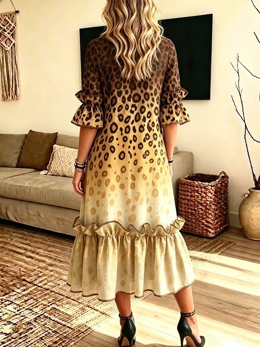 Retro Leopard Pattern Art Print Casual Ruffle Stylish Cotton Linen Dress