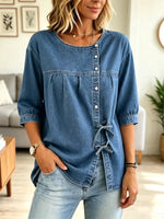 Retro Round Neck Art Button Casual Stylish 3/4 Sleeve Denim Shirt