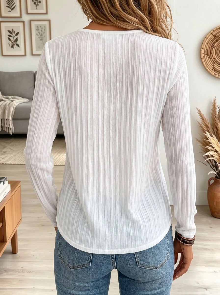 Women's Floral Lace Yoke Pleated Long-Sleeve Blouse