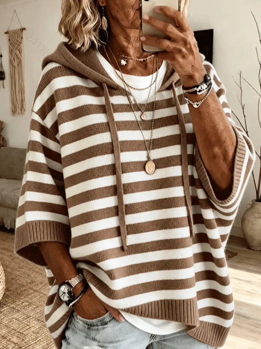 Retro Stripe Pattern Art Hooded Casual Stylish Knitted Top
