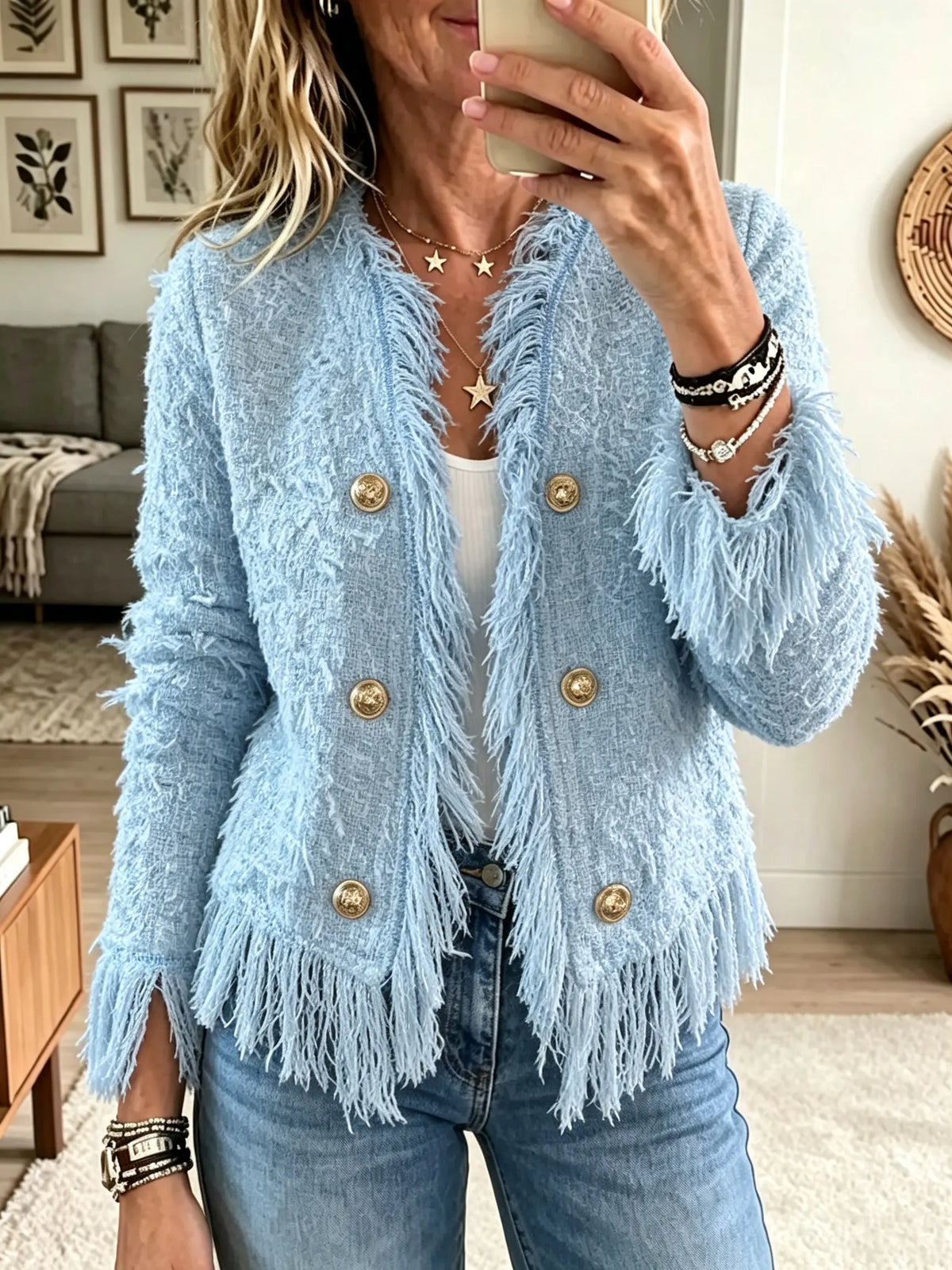 Women's Double-Breasted Fringe Tweed Jacket
