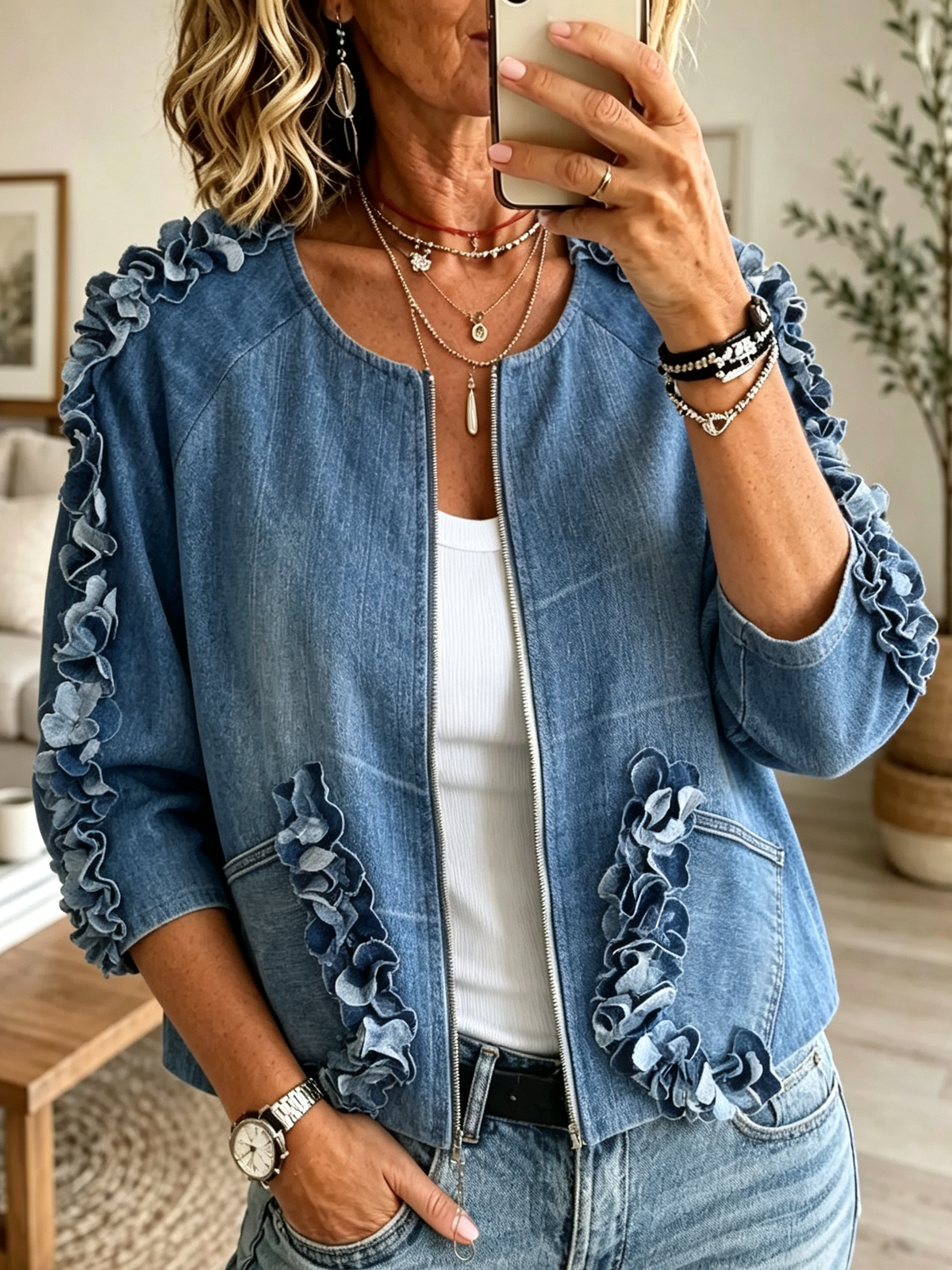 Women's Ruffle Detail Denim Zip Jacket