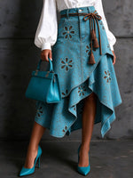 Women Teal Denim Hollow Floral Embroidery Asymmetrical Ruffle Midi Skirt