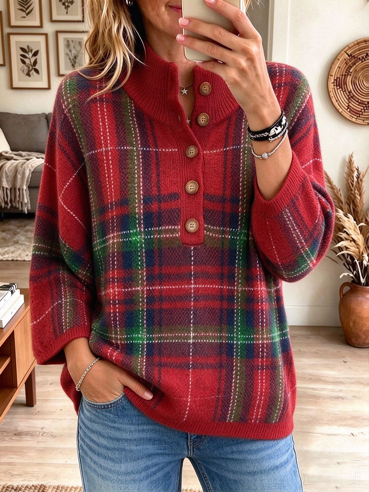 Women's Red Plaid Button-Up Cowl Neck Oversized Sweater