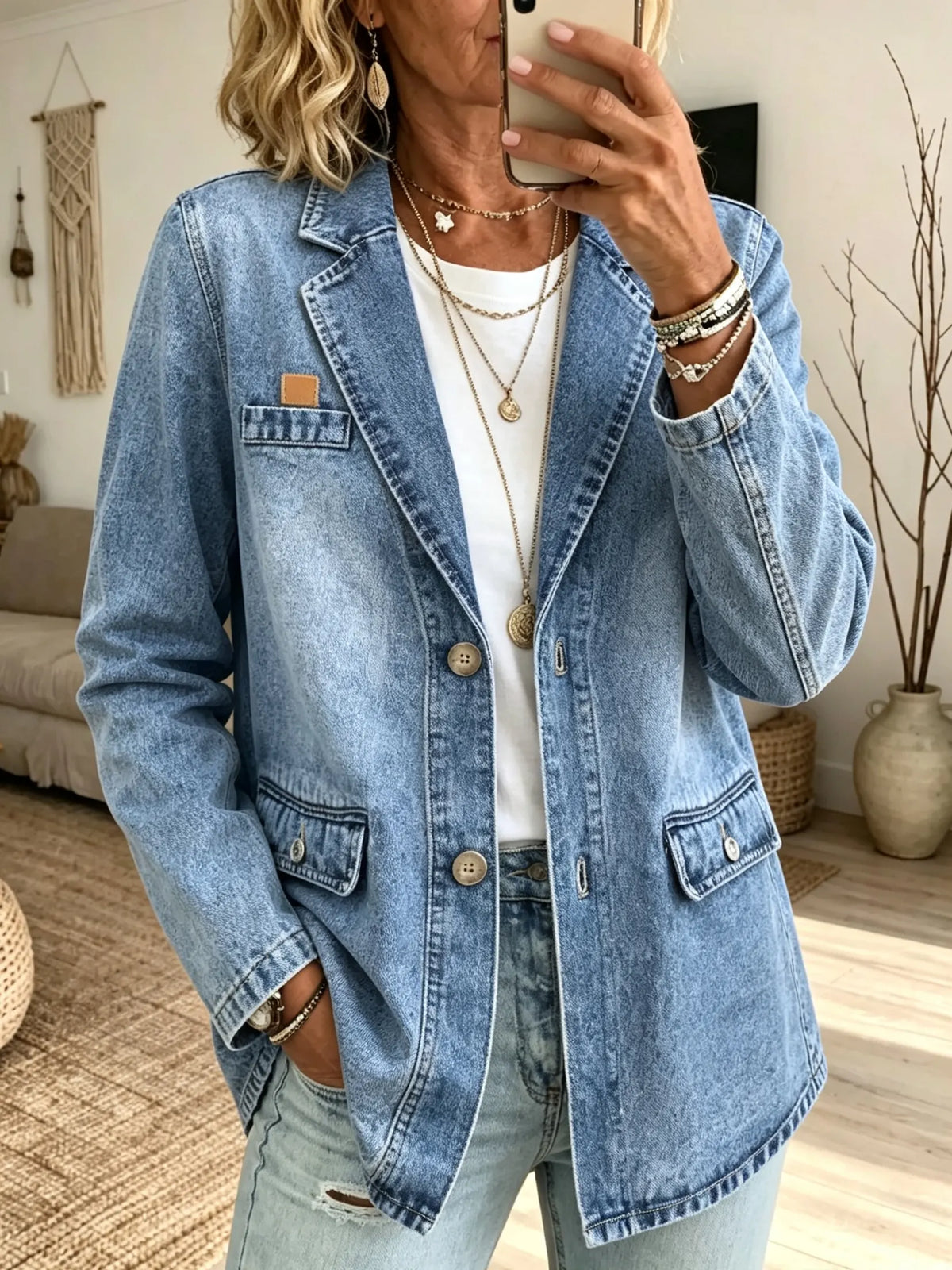 Women's Flap Pocket Single-Breasted Denim Blazer
