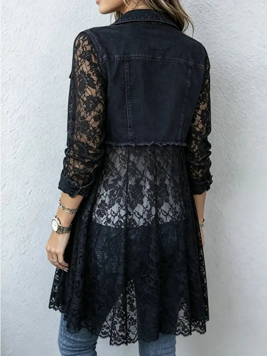 Retro Floral Lace Patchwork Art Casual Stylish Long Sleeve Denim Coat