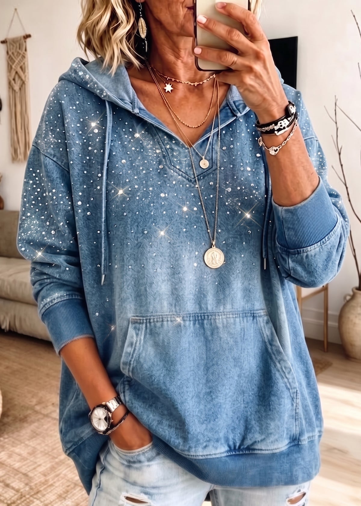 Women Rhinestone Studded Hoodie V‑Neck Drawstring Long Sleeve Pocket Casual Sweatshirt
