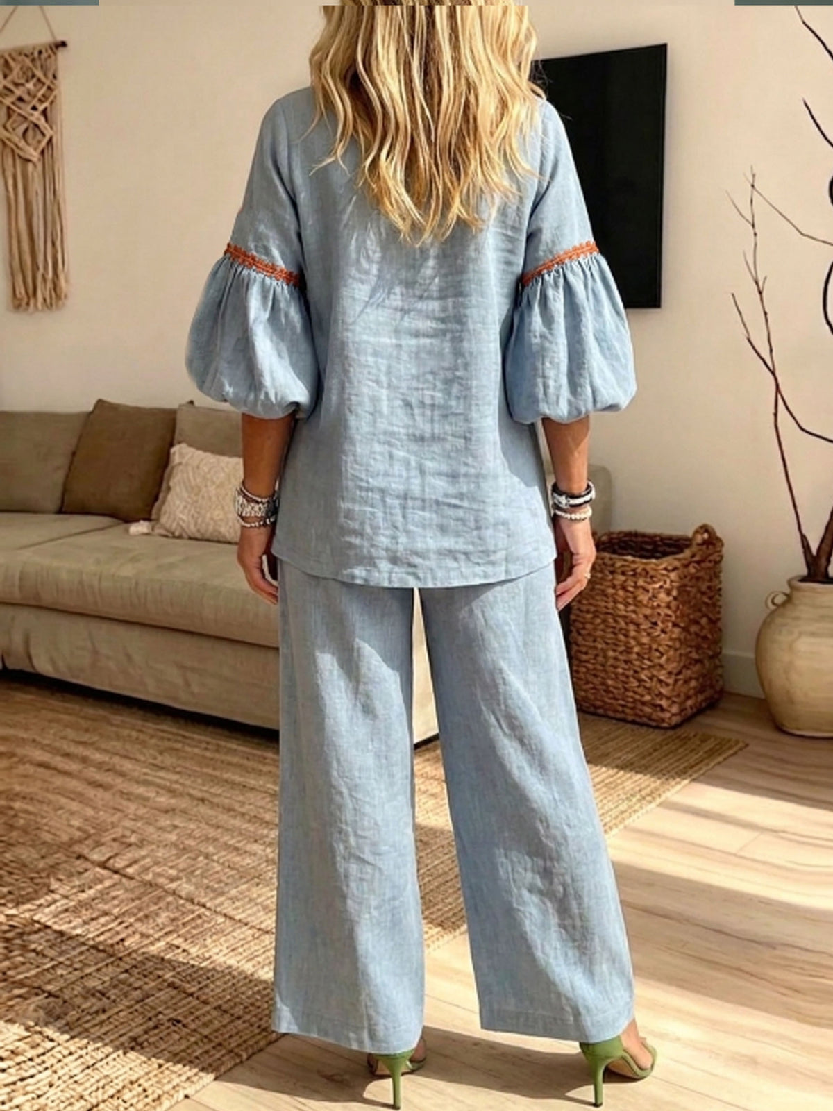Women Boho Floral Embroidery Puff Sleeve Top & Wide Leg Pants Two Piece Set