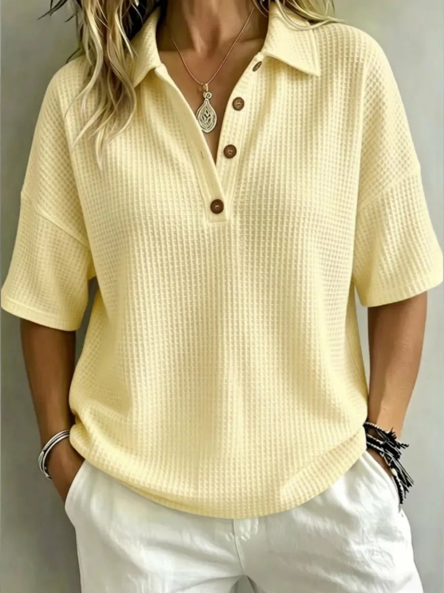 Solid Color Lapel Casual Short Sleeve Stylish Waffle Shirt