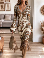 Vintage Chic Leopard V Neck Art Casual Knit Stylish Long Sleeve Dress