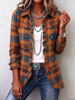 Retro Plaid Pattern Art Print Ruffle Casual Stylish Cotton Lapel Coat
