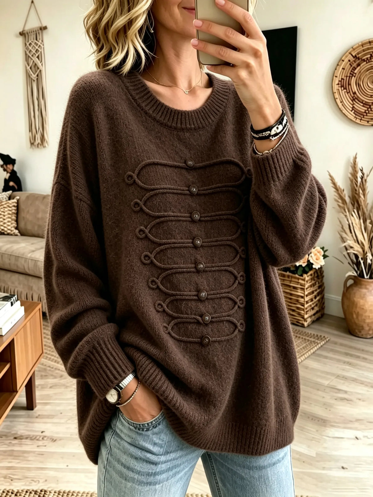 Women's Military Braided Frogs Crewneck Sweater
