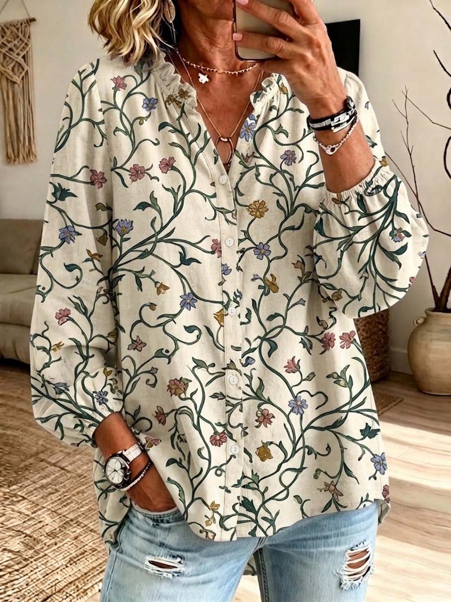 Retro Floral Pattern Art Print Casual Long Sleeve Cotton Linen Shirt