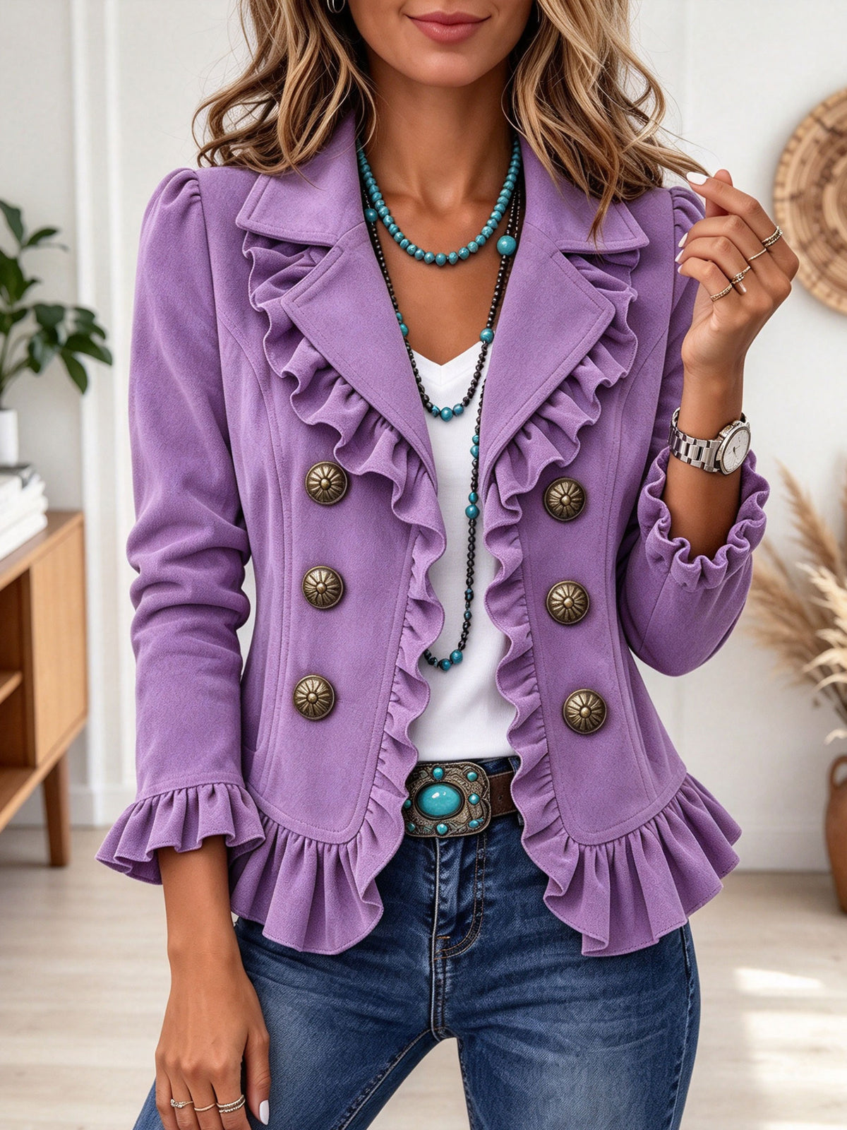 Brown Ruffled Double Breasted Western Style Short Jacket
