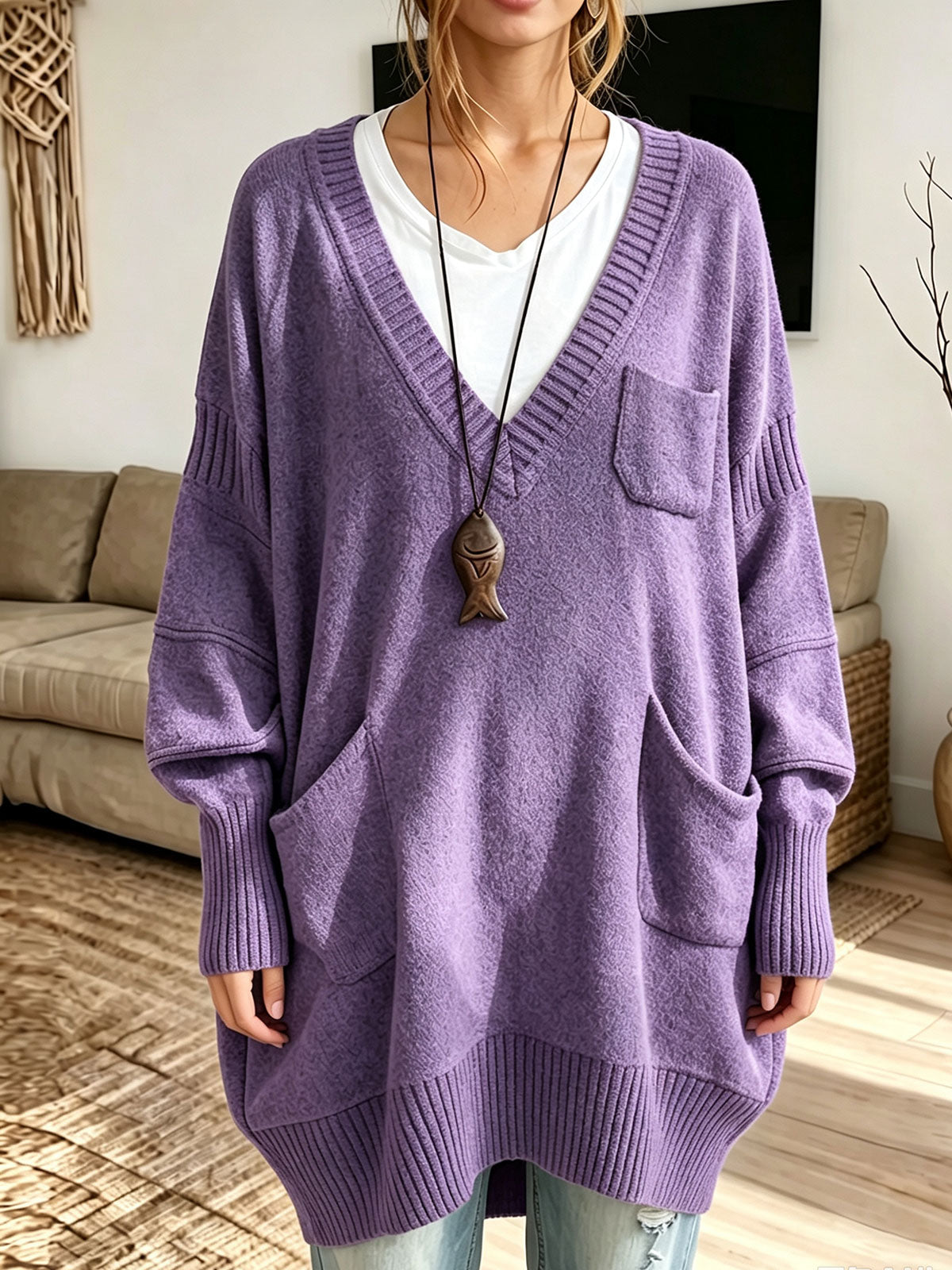 Women Oversized V‑Neck Multi‑Pocket Loose Long Knit Sweater