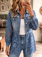 Vintage Elegant Sparkling Rhinestones Denim Patchwork Hollowed Out Lace Jacket