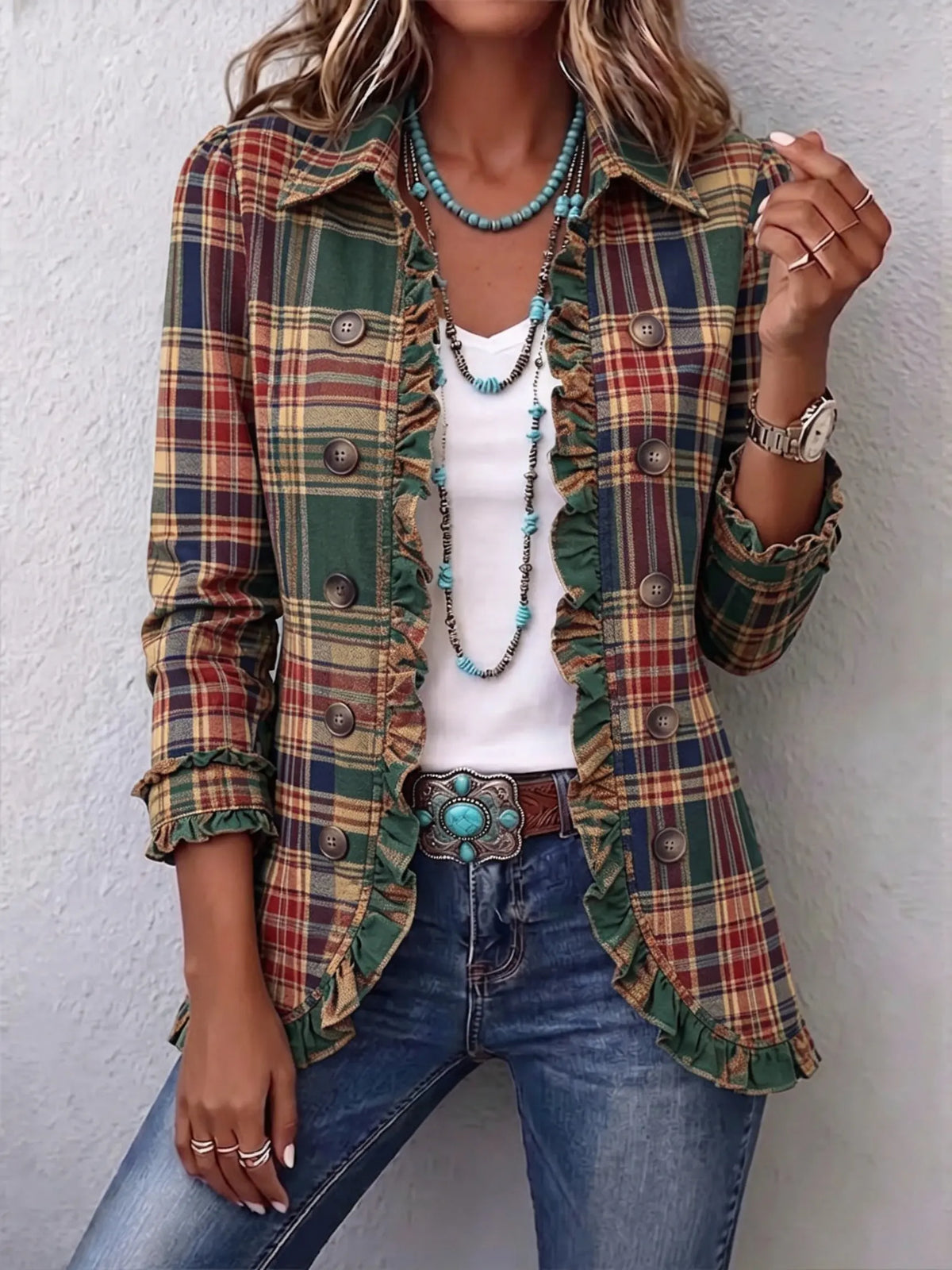 Women's Vintage Plaid Ruffle Lapel Casual Blazer Jacket