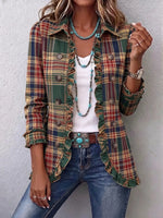 Women's Vintage Plaid Ruffle Lapel Casual Blazer Jacket
