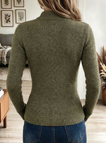 Women's Olive Green Ribbed Knit Full Zip Turtleneck Cardigan with Metal Buttons