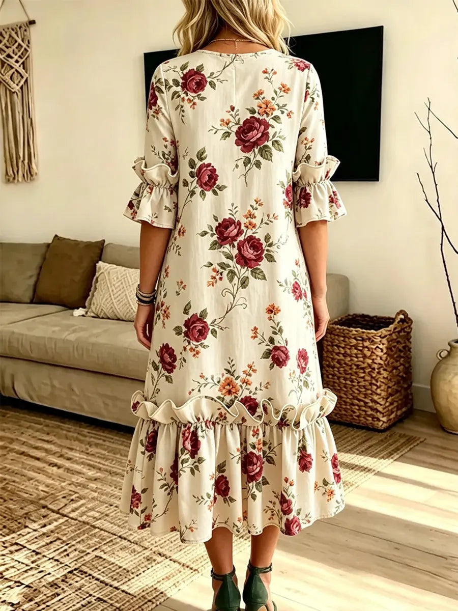 Retro Floral Pattern Art Print Casual Ruffle Stylish Cotton Linen Dress