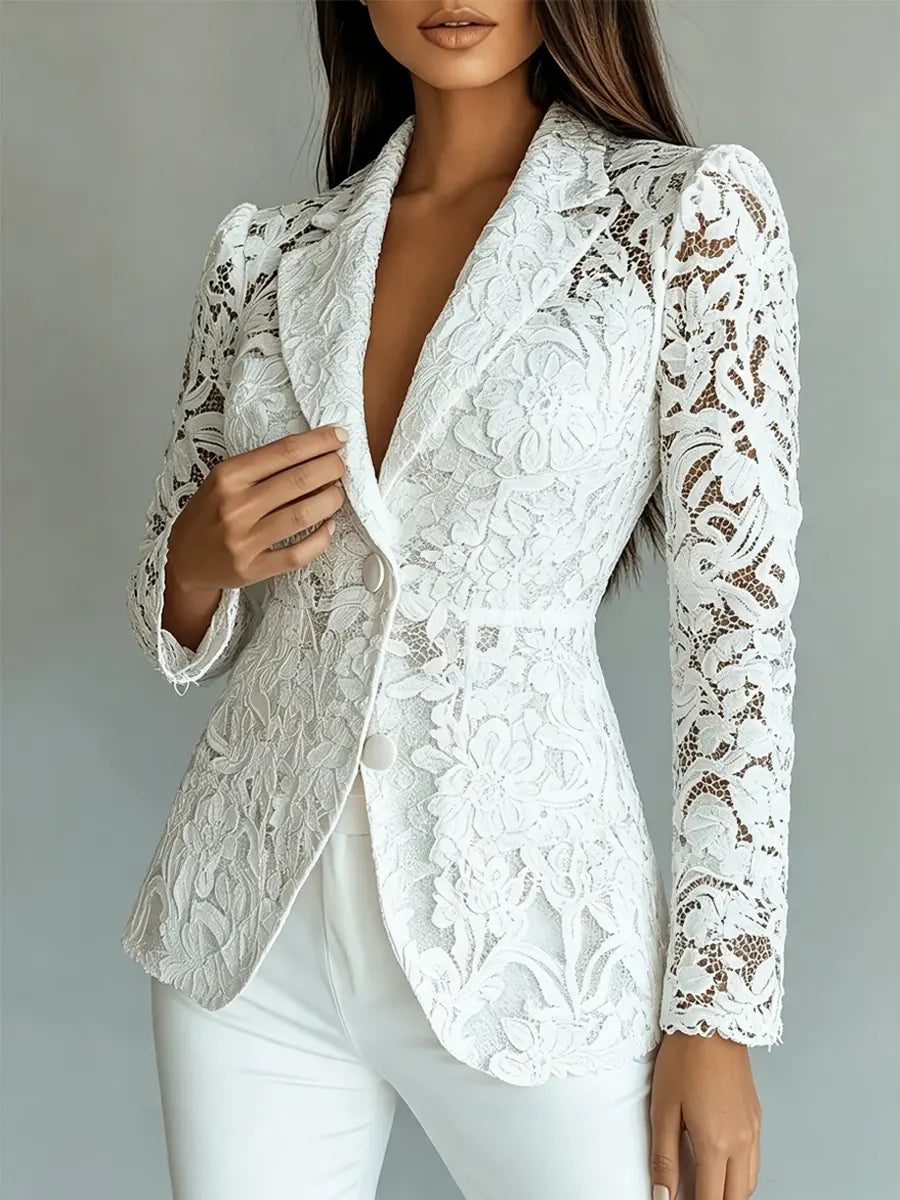 Retro Floral Lace Hollow Art Casual Stylish Long Sleeve Lapel Coat