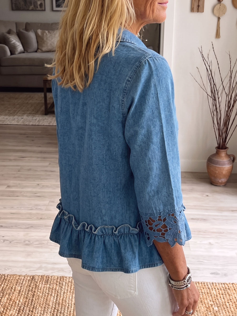 Vintage Elegant Denim Patchwork Hollowed Out Lace Ruffles Shirt