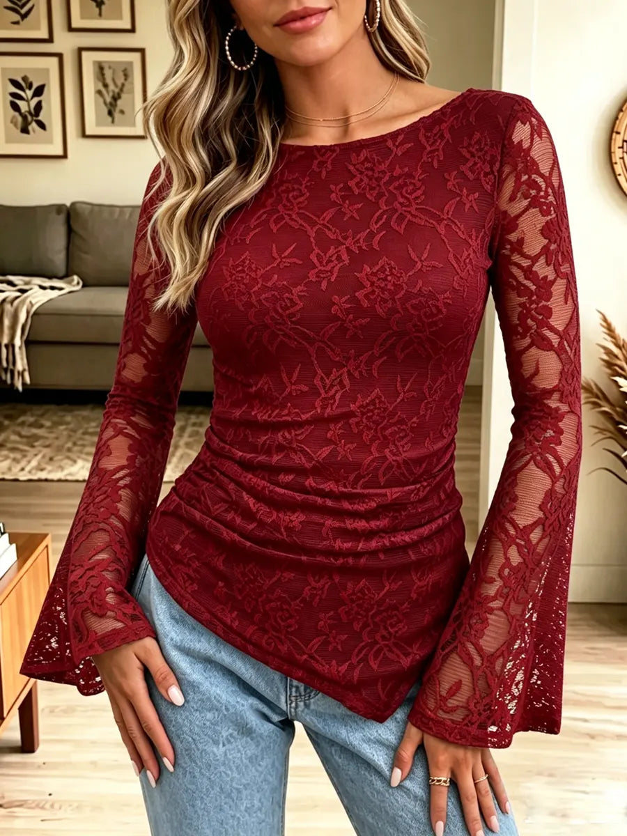 Retro Elegant Solid Color Floral Lace Art Stylish Casual Long Sleeve Shirt