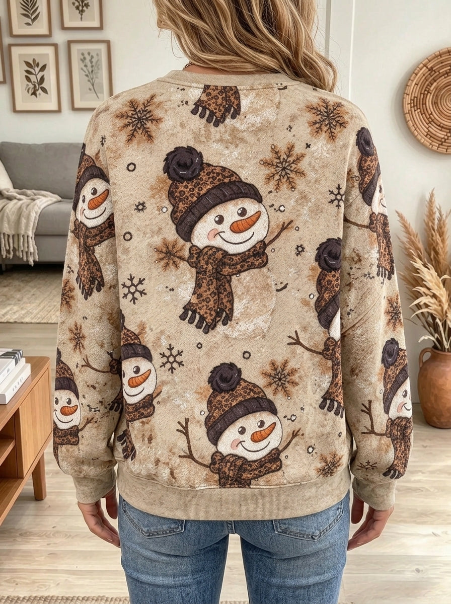Women's Leopard Snowman Snowflake Pattern Sweatshirt