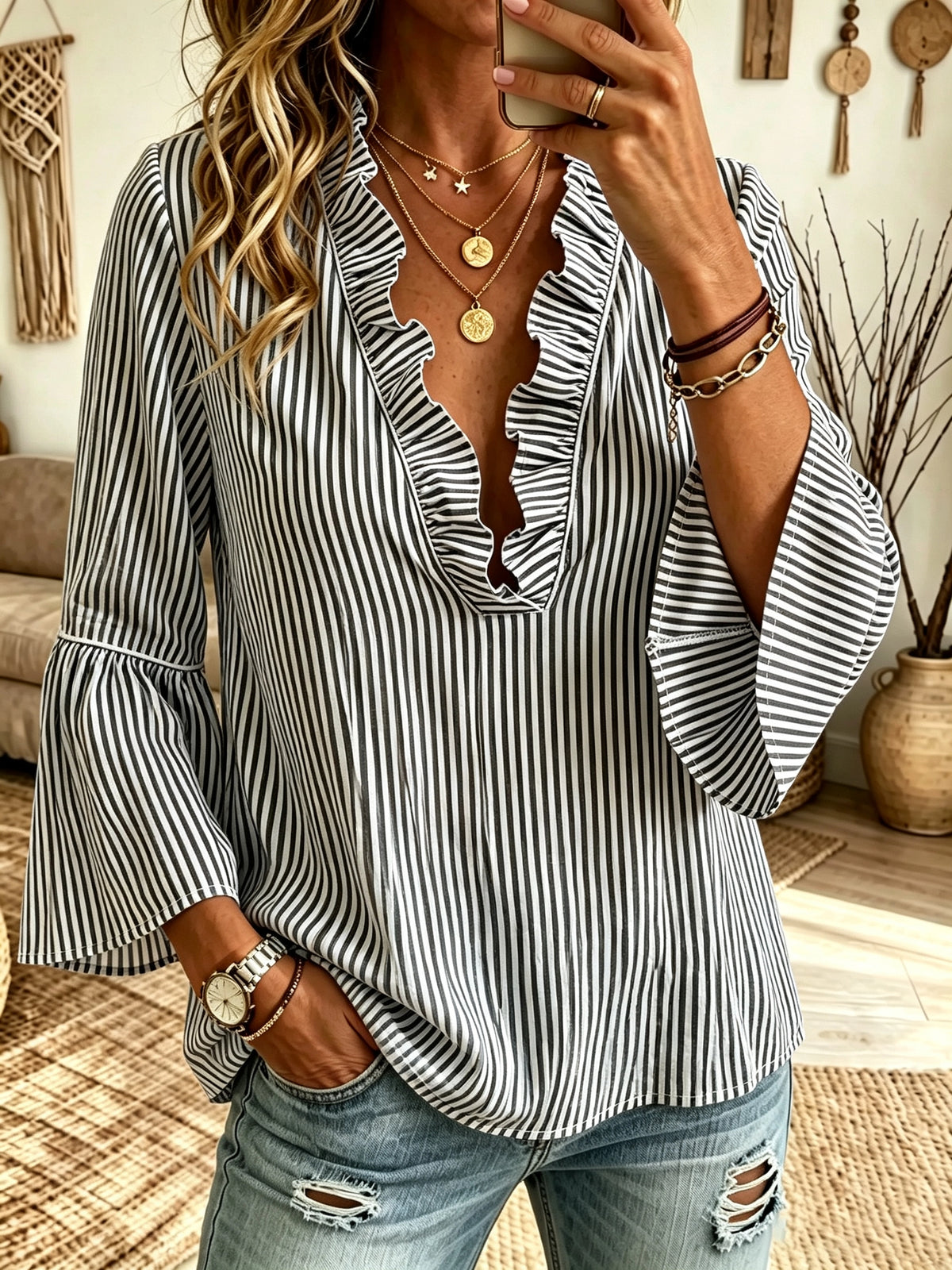 Women's Striped Ruffle V-Neck Blouse