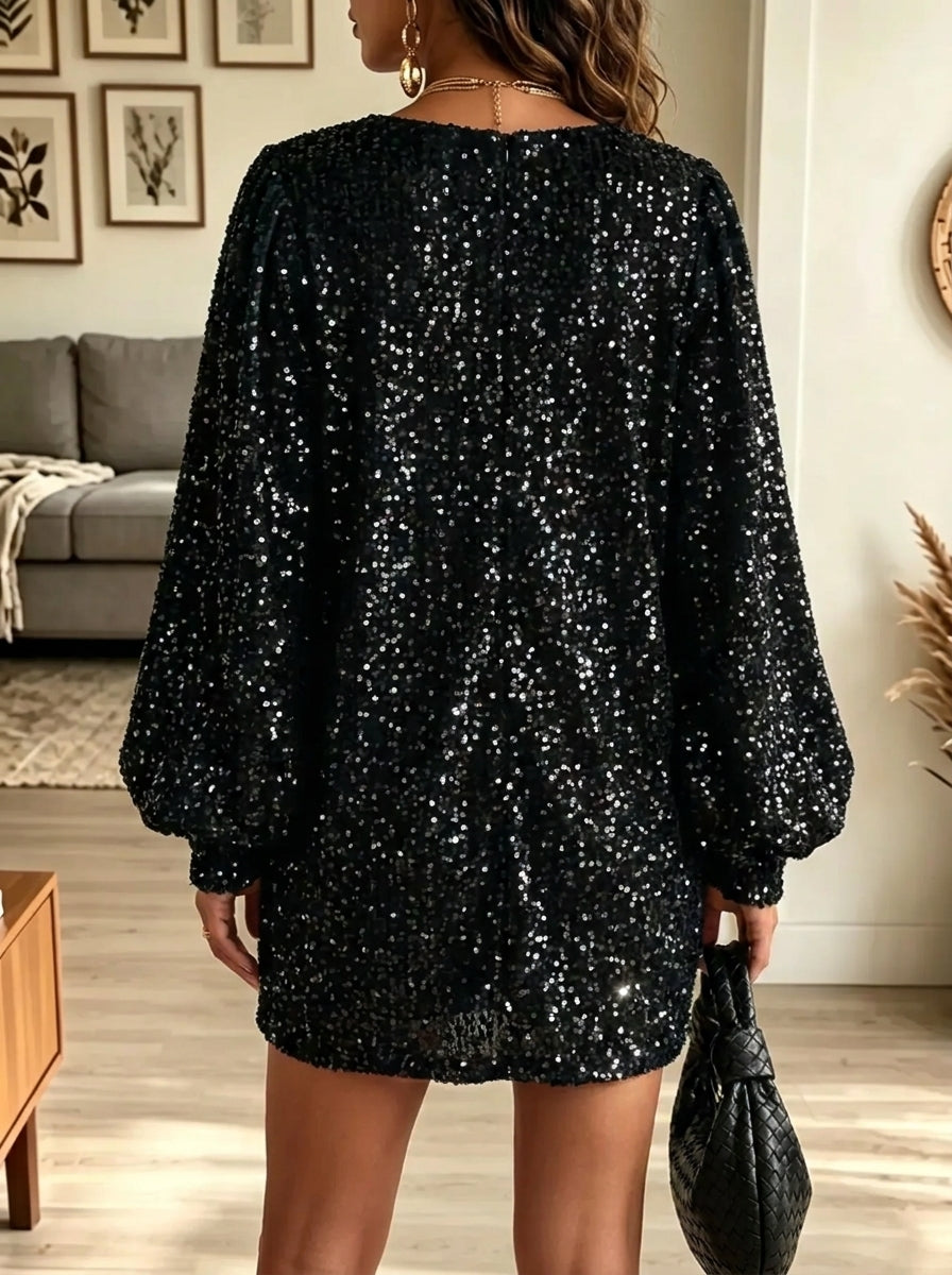 Women's Plunging V-Neck Sequin Lantern Sleeve Mini Dress
