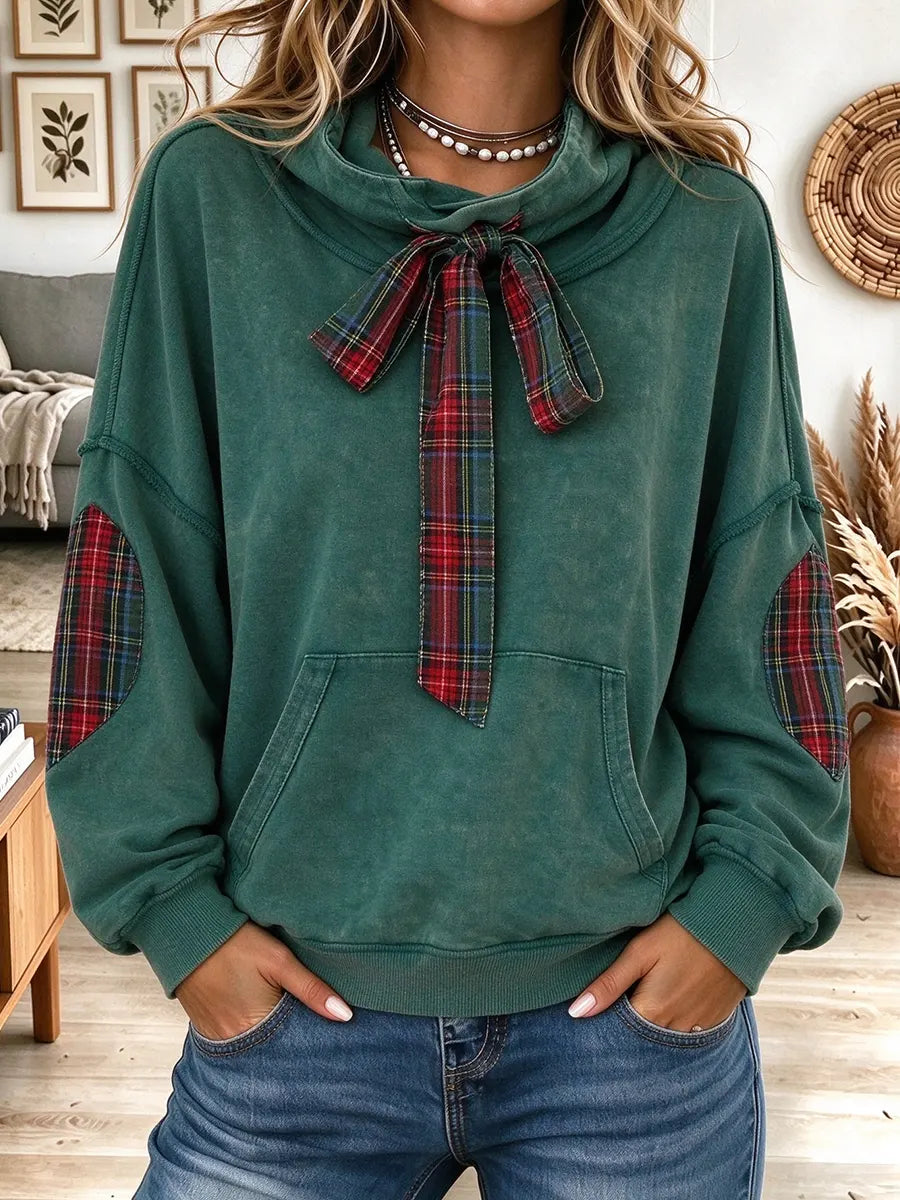 Women's Retro Christmas Patchwork Bow Collar Sweatshirt