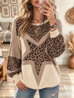 Women's Leopard Print Crew Neck Long-sleeved Pullover Knit Sweater