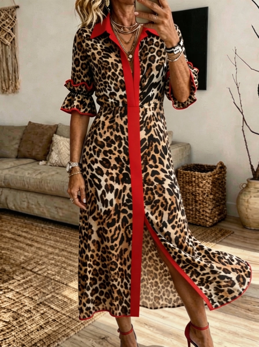 Women Contrast Red Trim Leopard Print Split Shirt Midi Dress