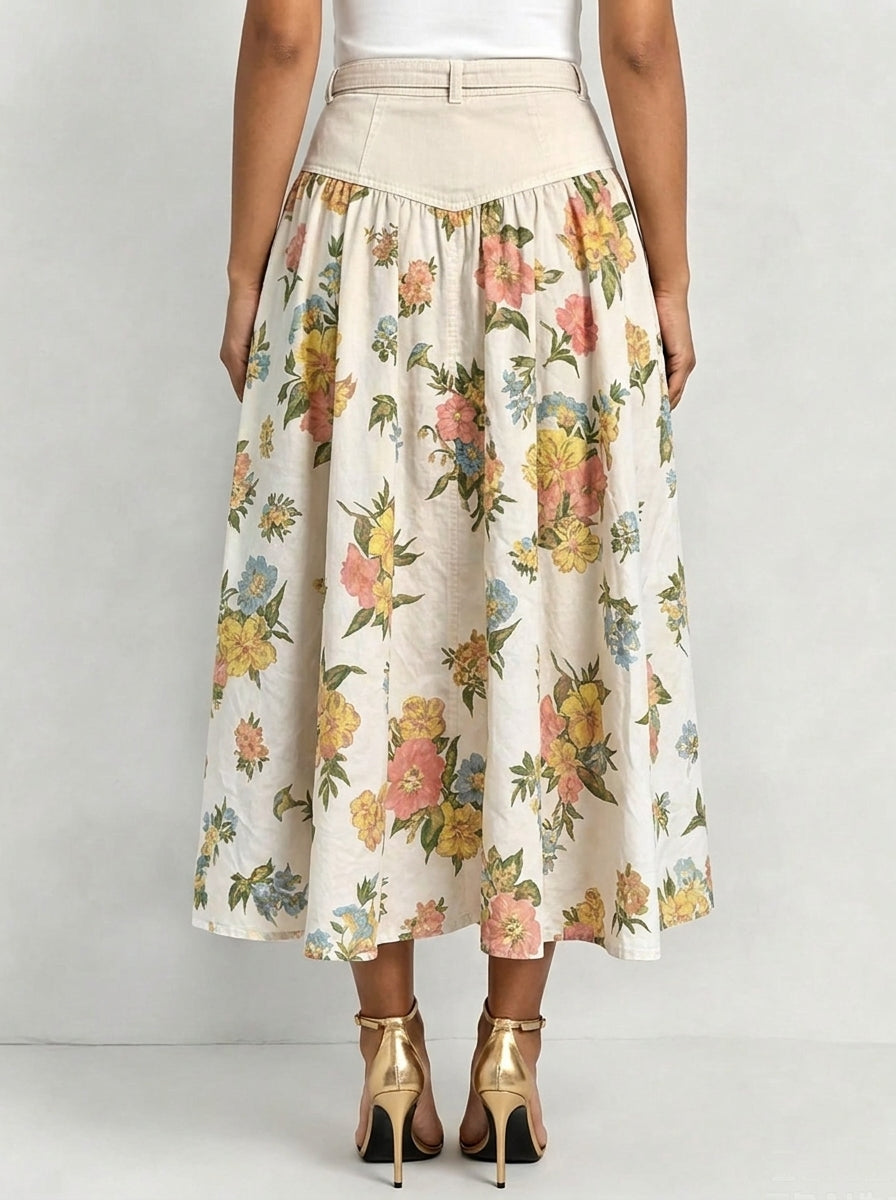 Belted Floral Button Front Patchwork Midi Flowy Skirt With Pockets