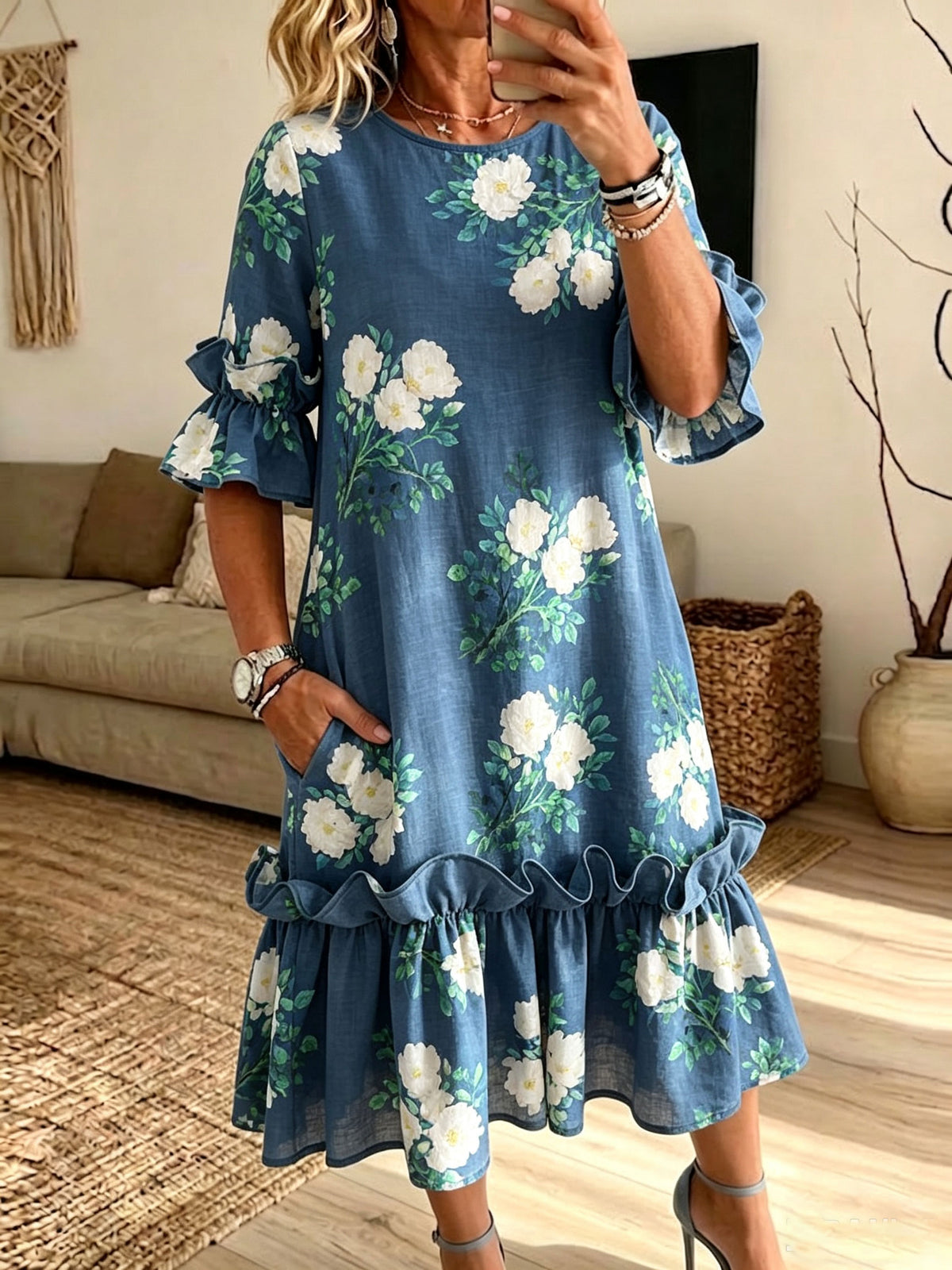 Blue Floral Print Ruffle Sleeve Midi Dress With Pockets