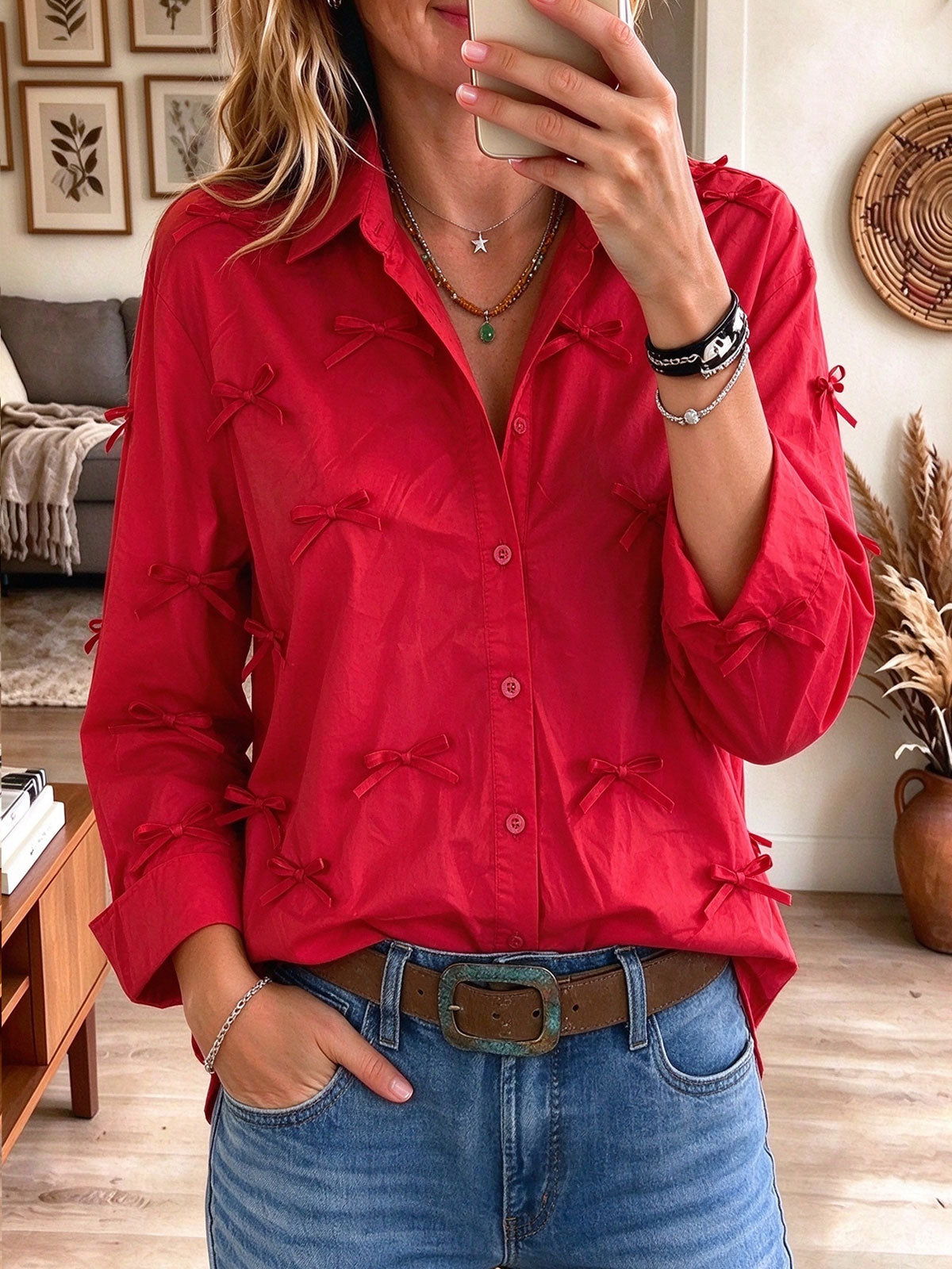 Women's Red Button-Up Shirt with All-Over Bow Appliques