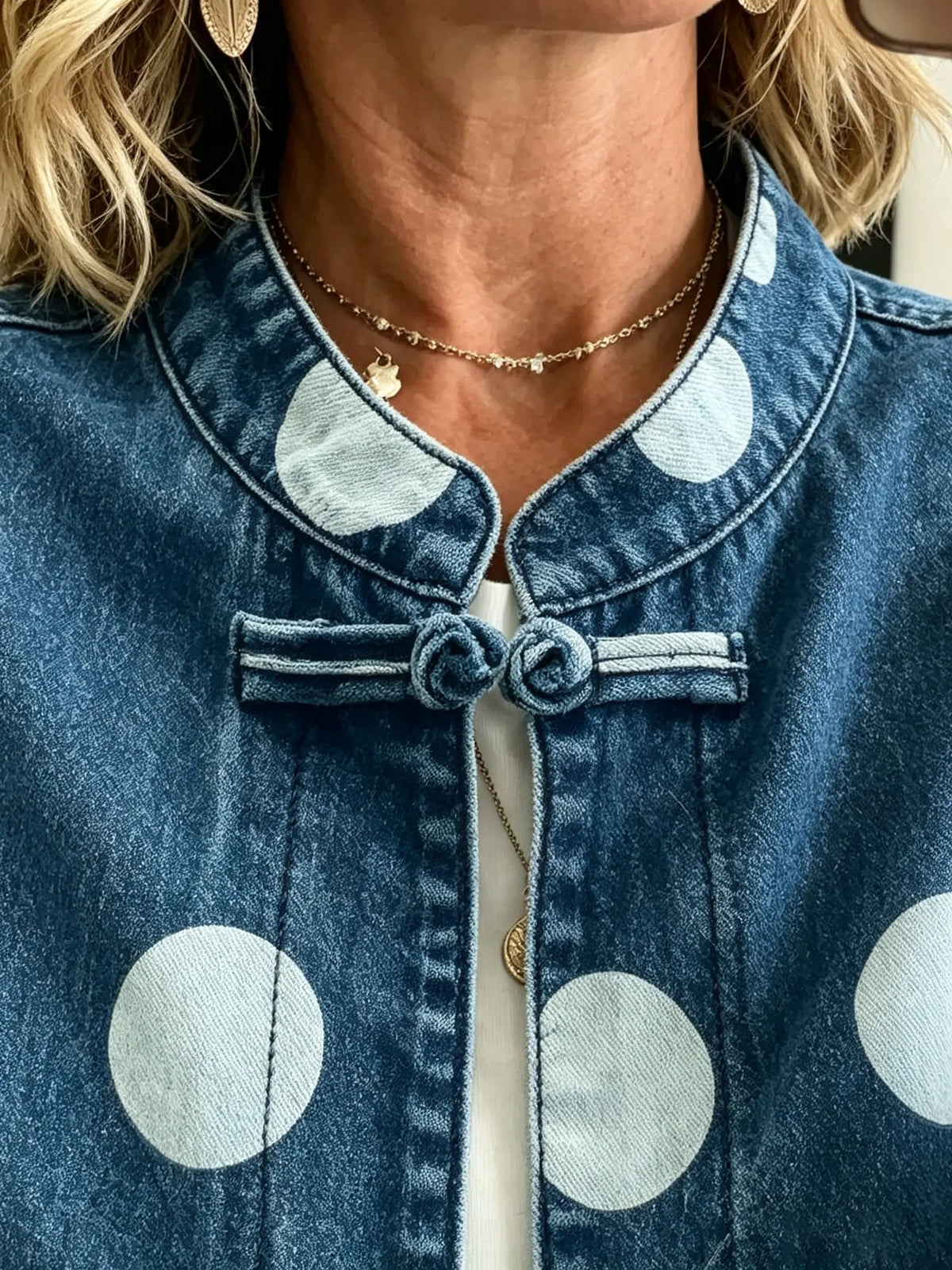 Women's Polka Dot Frog Button Denim Jacket