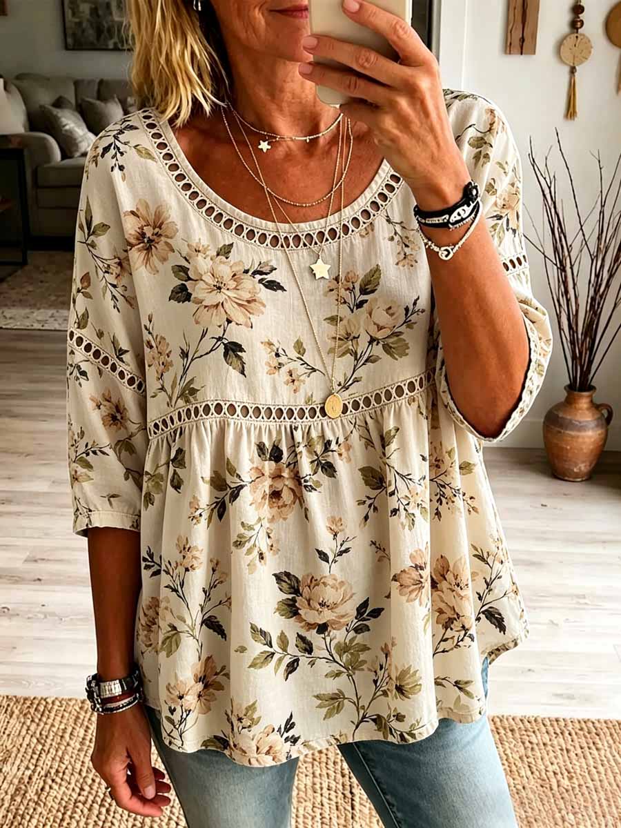 Retro Floral Pattern Art Print Casual Hollow Short Sleeve Cotton Linen Shirt
