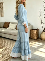 Women's Lace Detail Tiered Wide-Leg Denim Jumpsuit