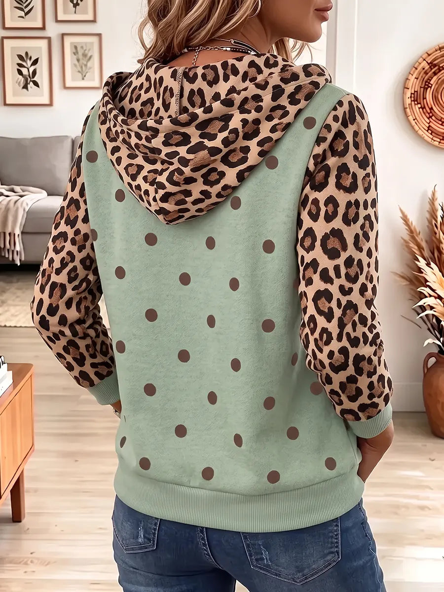 Vintage Elegant Leopard Print Patchwork Hooded Sweatshirt