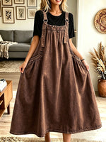 Women Loose Denim Pinafore Midi Dress With Adjustable Straps