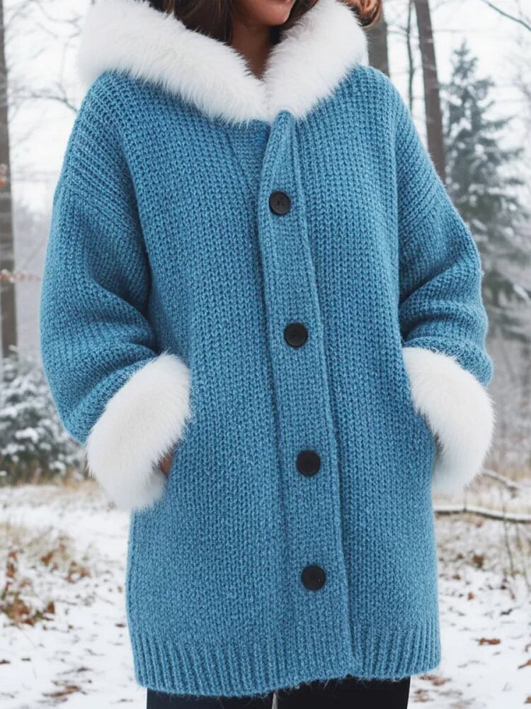 Women Blue Chunky Knit Cardigan With White Faux Fur Collar & Cuffs
