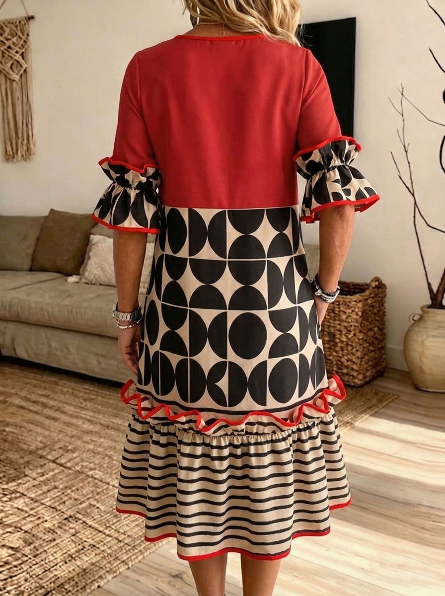 Women Color Block Geometric Print Midi Dress Ruffle Short Sleeve Crew Neck Loose Dress With Pockets