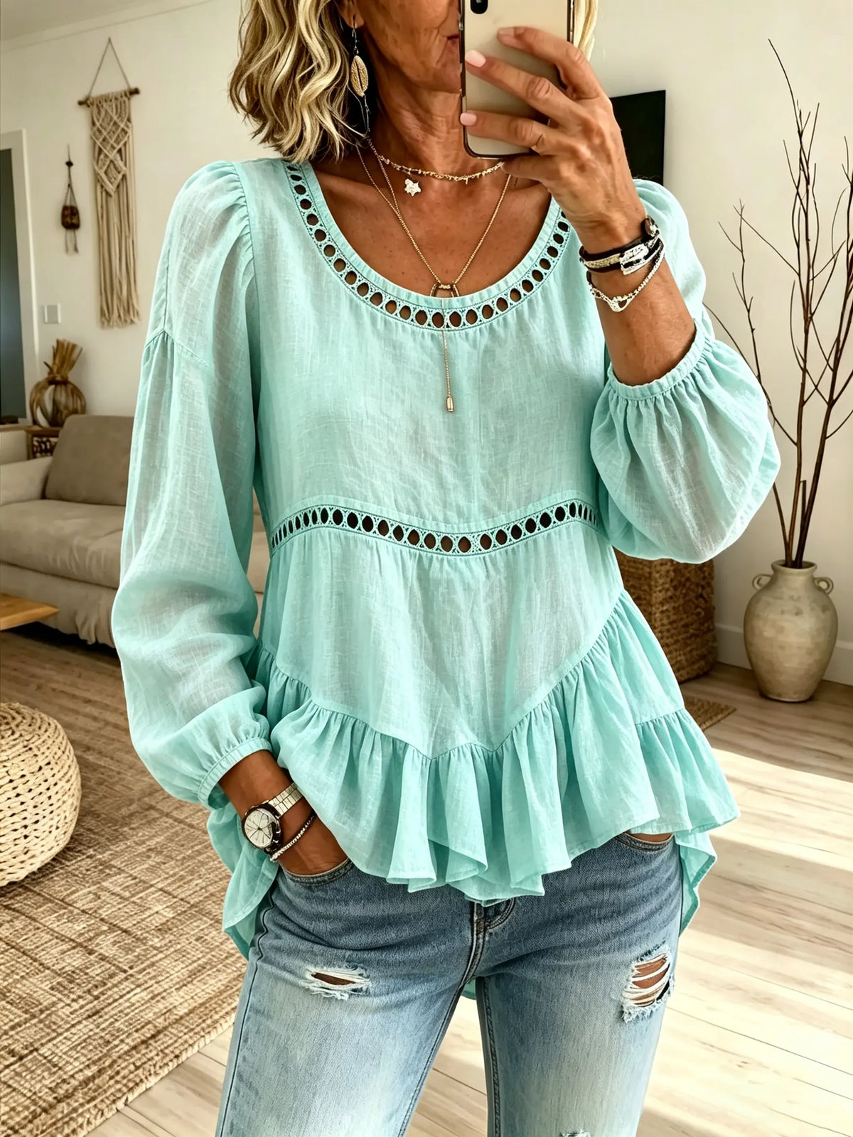 Women Solid Hollow Spliced Puff Sleeve Ruffle Hem Linen Blouse