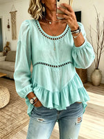 Women Solid Hollow Spliced Puff Sleeve Ruffle Hem Linen Blouse