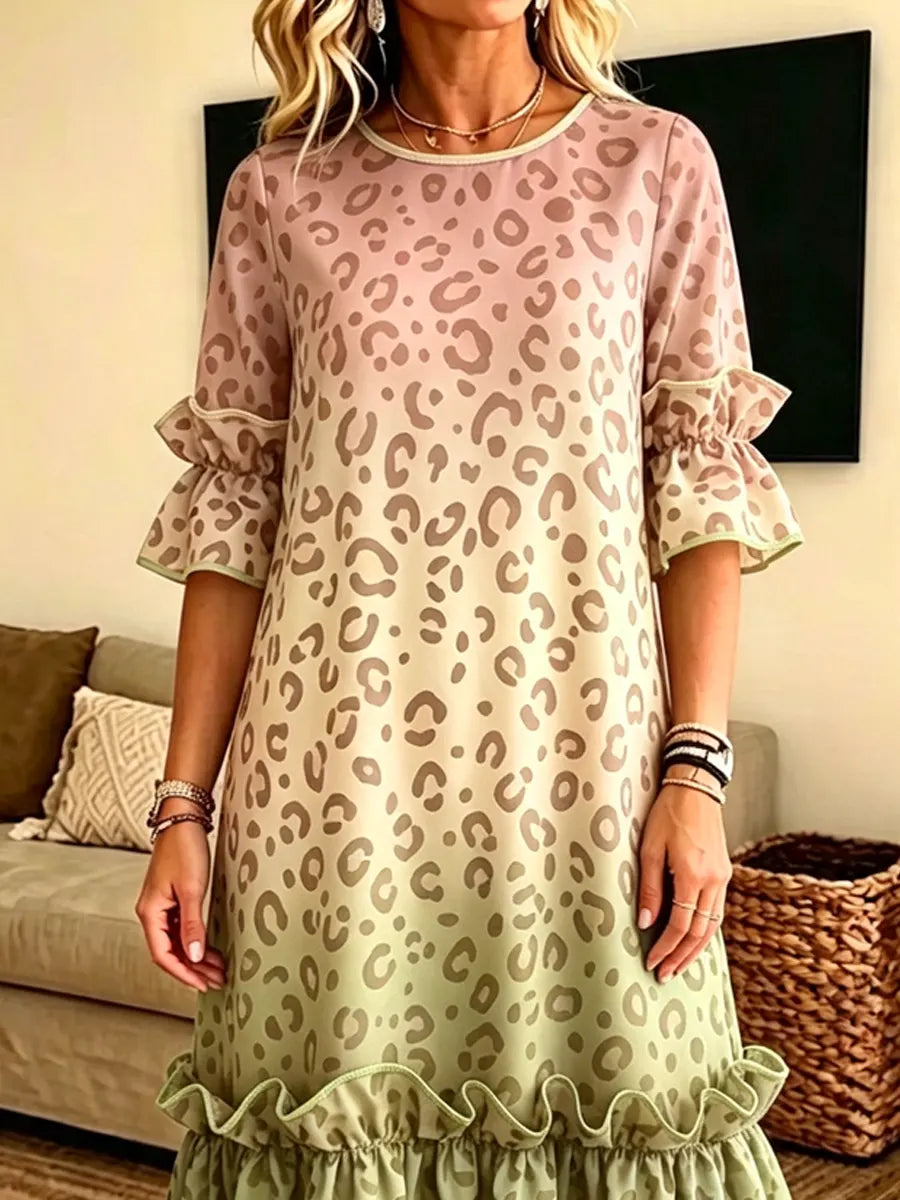 Retro Leopard Pattern Art Print Casual Ruffle Stylish Cotton Linen Dress
