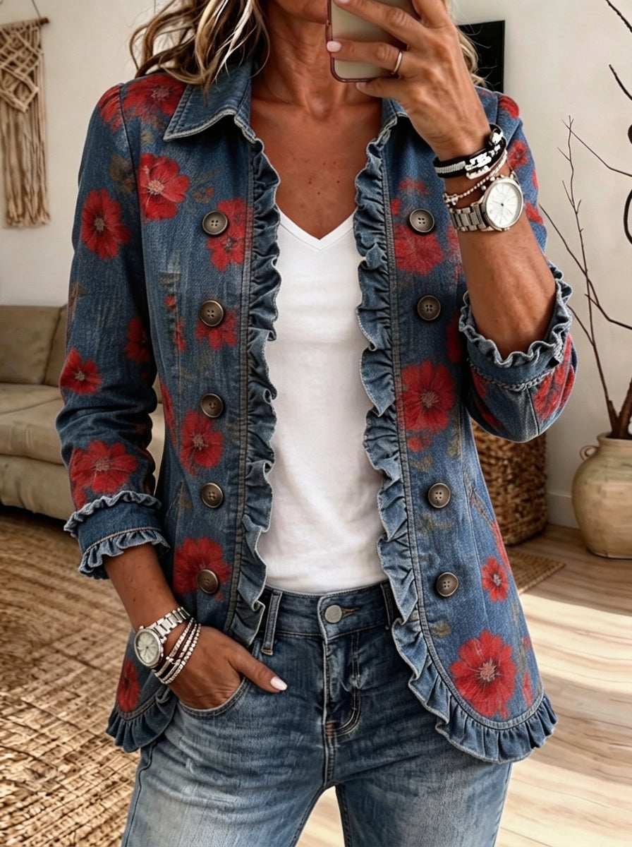 Women Denim Floral Print Ruffle Trim Lapel Button Jacket