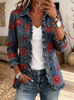 Women Denim Floral Print Ruffle Trim Lapel Button Jacket