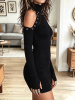 Vintage Off-shoulder Turtleneck Art Casual Stylish Long Sleeve Knitted Short Dress