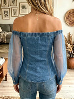 Women's Off-the-Shoulder Sheer Sleeve Denim Top